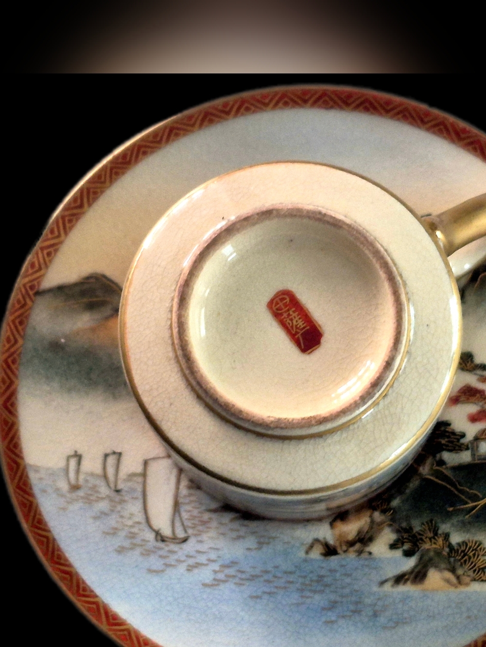 Antique Japanese Satsuma Pictoral Plate & Cup Meiji Period Shimazu Crest